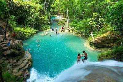 Emerald jungle pool at the Blue Hole Secret Falls near Ocho Rios Jamaica