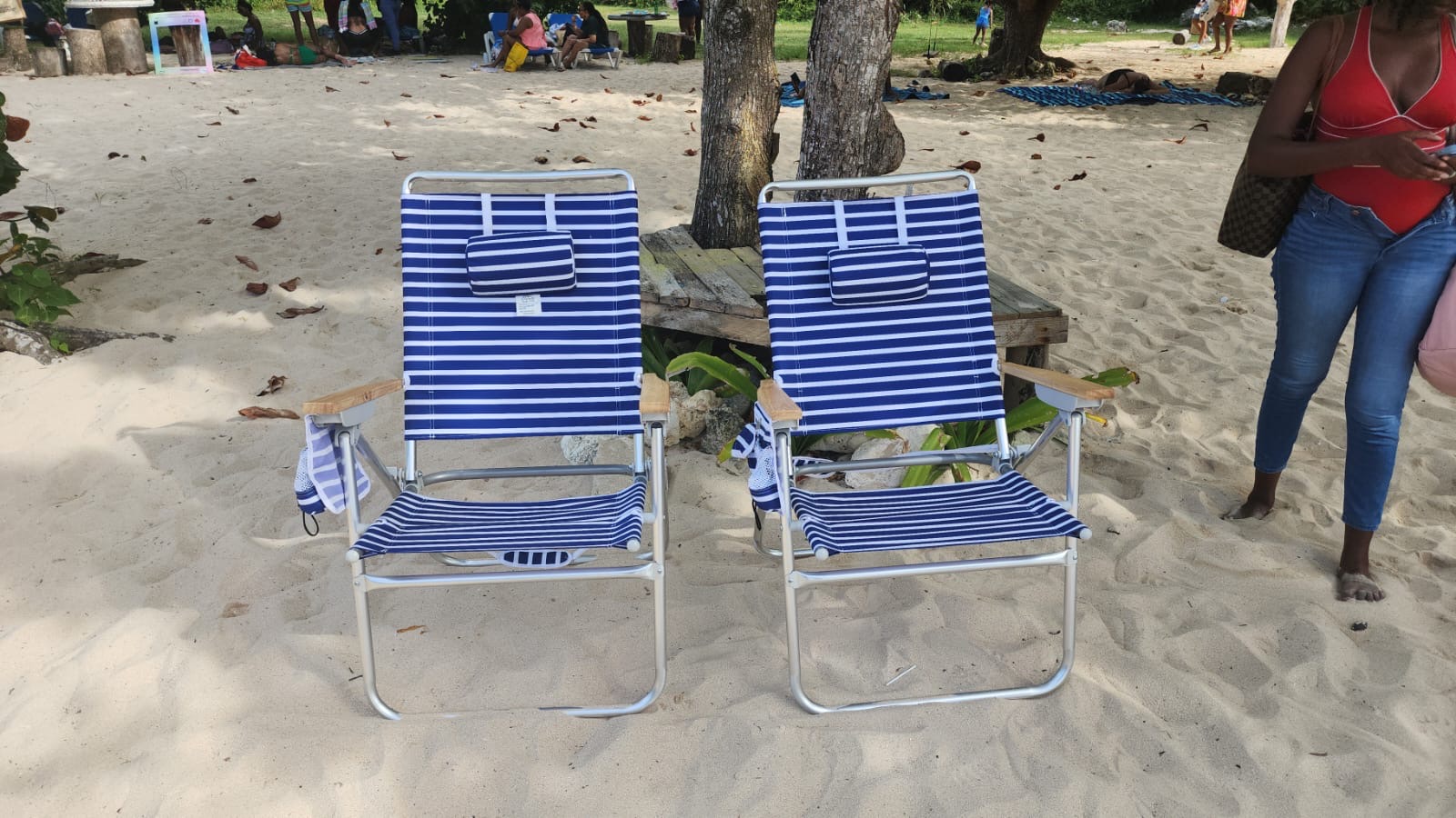 Beach chairs set up at Columbus Cove