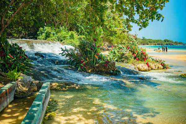 Laughing Waters Beach Jamaica - waterfall flowing into Caribbean Sea with tropical flowers