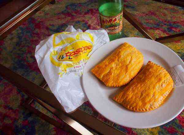 Tastee Patty Jamaica - golden flaky beef patties with Bigga ginger beer Jamaican street food