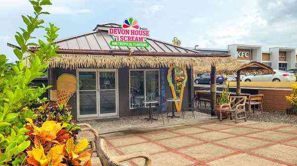 Devon House I Scream Drax Hall Jamaica - thatched roof ice cream shop exterior KFC plaza